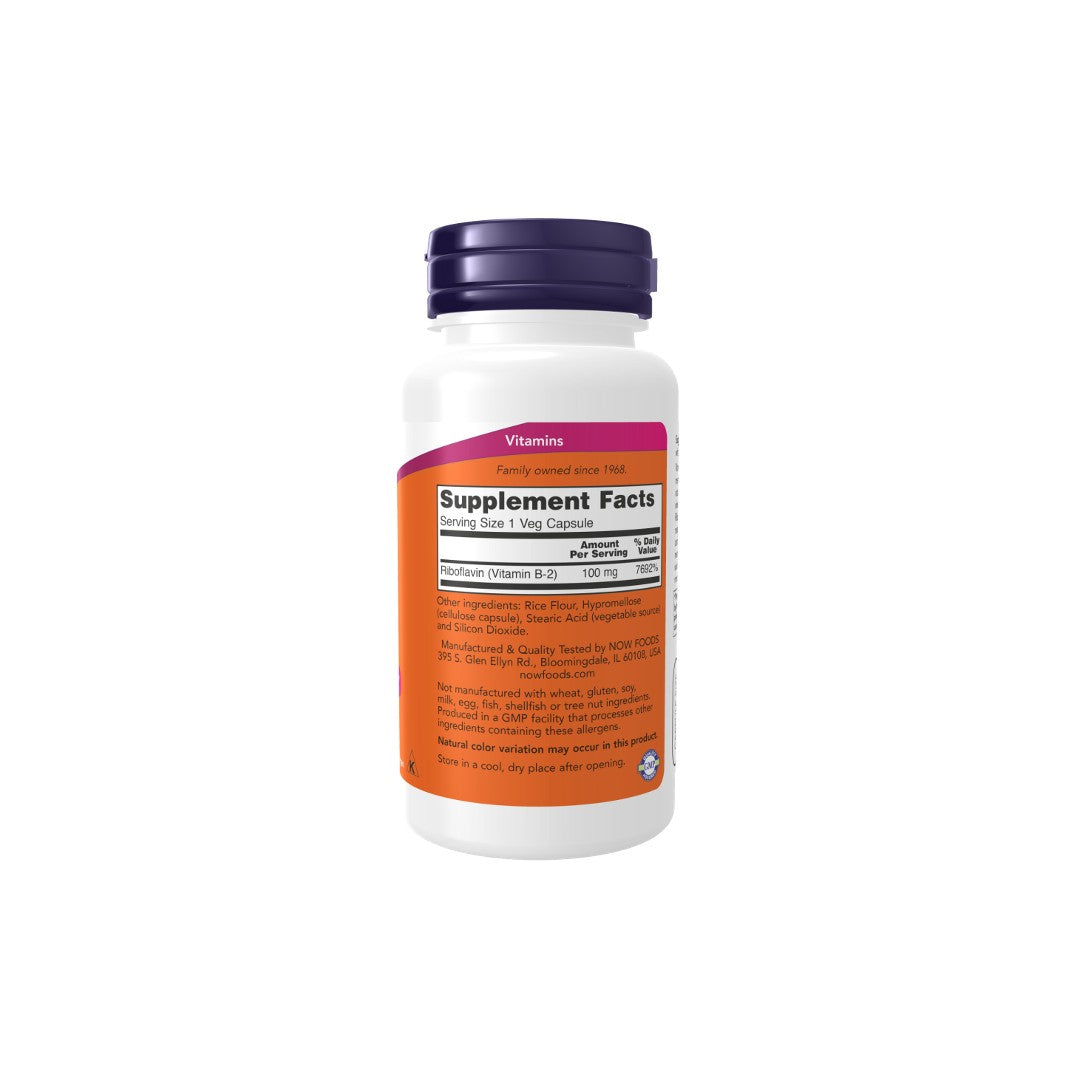 Plastic supplement bottle with label displaying nutritional information, including riboflavin (Vitamin B-2) content, isolated on a white background - Now Foods Vitamin B-2 100 mg 100 Veg Capsules.