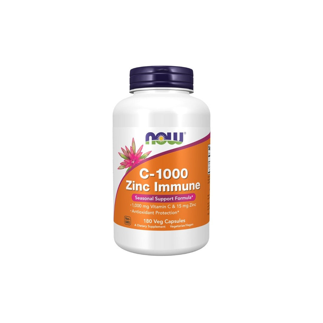 A white bottle labeled "C-1000 Zinc Immune 180 Veg Capsules" by Now Foods contains 180 veg capsules for seasonal support. Featuring 1000 mg Vitamin C and 15 mg Zinc Diglycinate, the label highlights its immune-boosting benefits. The cap is purple.