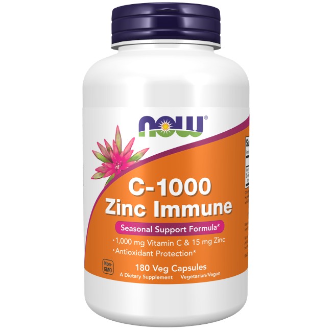 A bottle of Now Foods brand C-1000 Zinc Immune 180 Veg Capsules dietary supplement. It contains 1000 mg of Vitamin C and 15 mg of Zinc Diglycinate, promoting seasonal immune support and antioxidant protection.