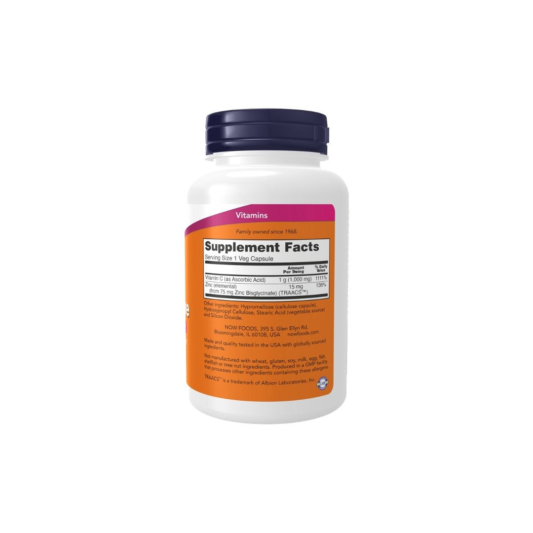 A white bottle of C-1000 Zinc Immune 180 Veg Capsules from Now Foods with a purple cap, showcasing the Supplement Facts label and ingredients information on the back, including Zinc Diglycinate for enhanced absorption.