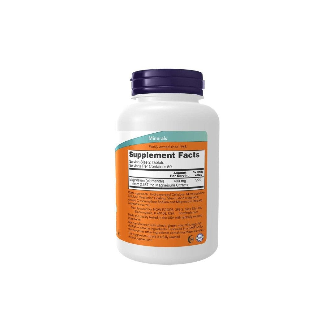 Plastic bottle of Now Foods Magnesium Citrate 200 mg 250 Tablets supplements, displaying a label with nutritional information and dosage instructions for bone health.