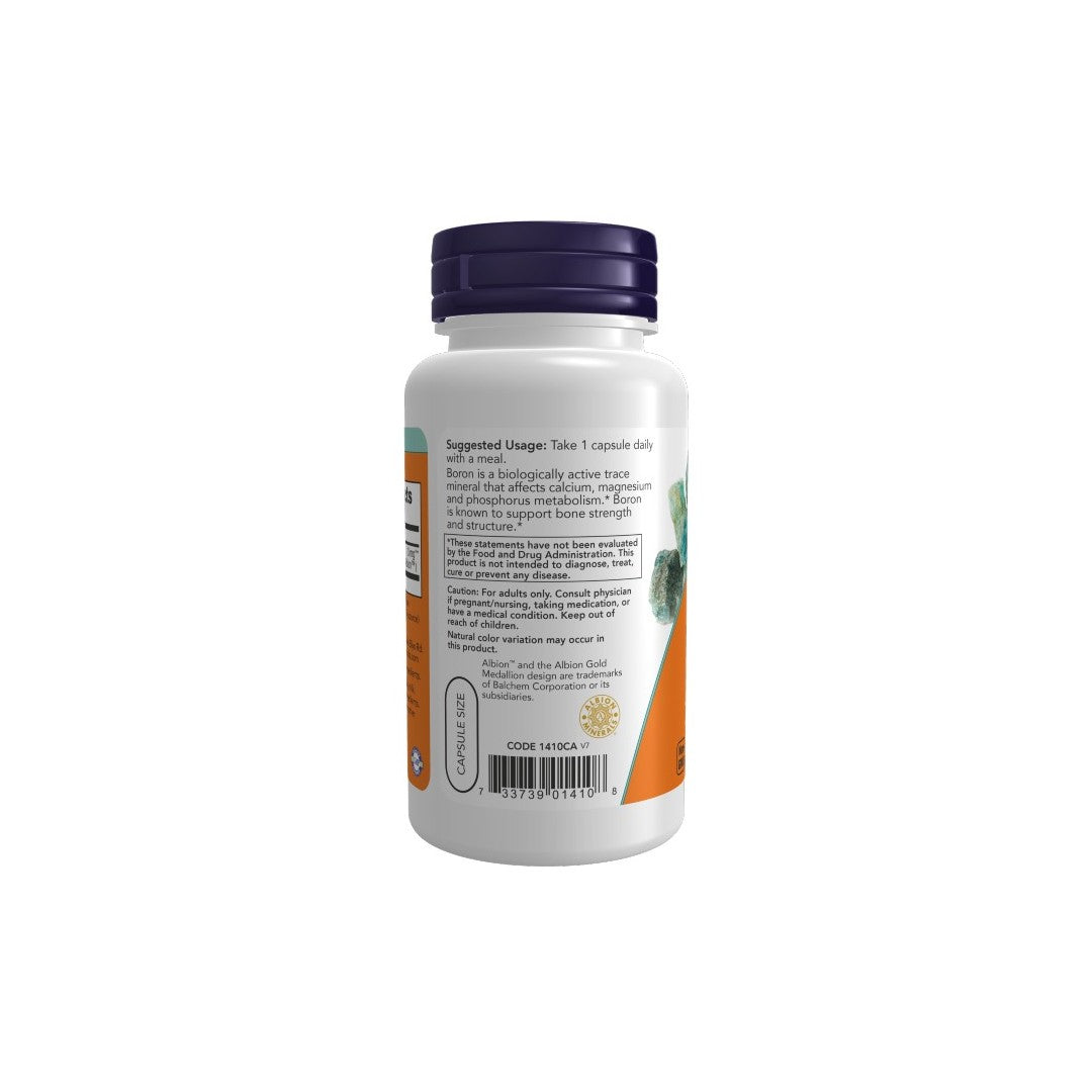 The **Now Foods Boron 3 mg 100 Veg Capsules** come in a white plastic bottle with a purple cap, featuring supplement information and suggested usage instructions on the label for enhancing bone health and supporting the immune system.