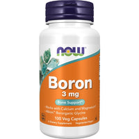 Thumbnail for A bottle of Now Foods Boron 3 mg dietary supplement, designed for bone health and immune support. The label highlights its compatibility with calcium and magnesium, and it contains 100 vegetarian capsules.