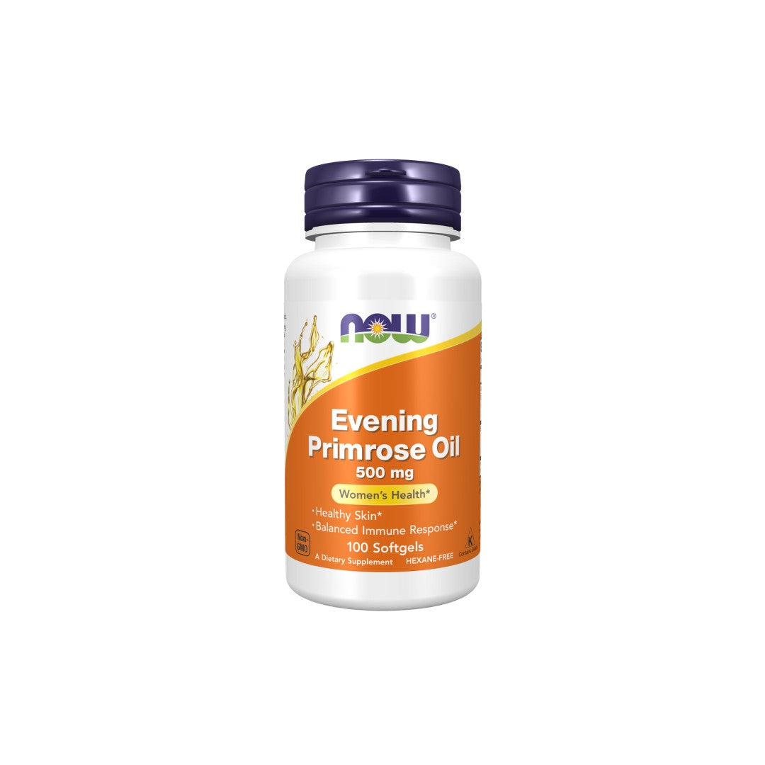 Bottle of Now Foods Evening Primrose Oil 500 mg 100 Softgels, rich in GLA (Gamma-Linolenic Acid), labeled for women's health, healthy skin, and immune system support.