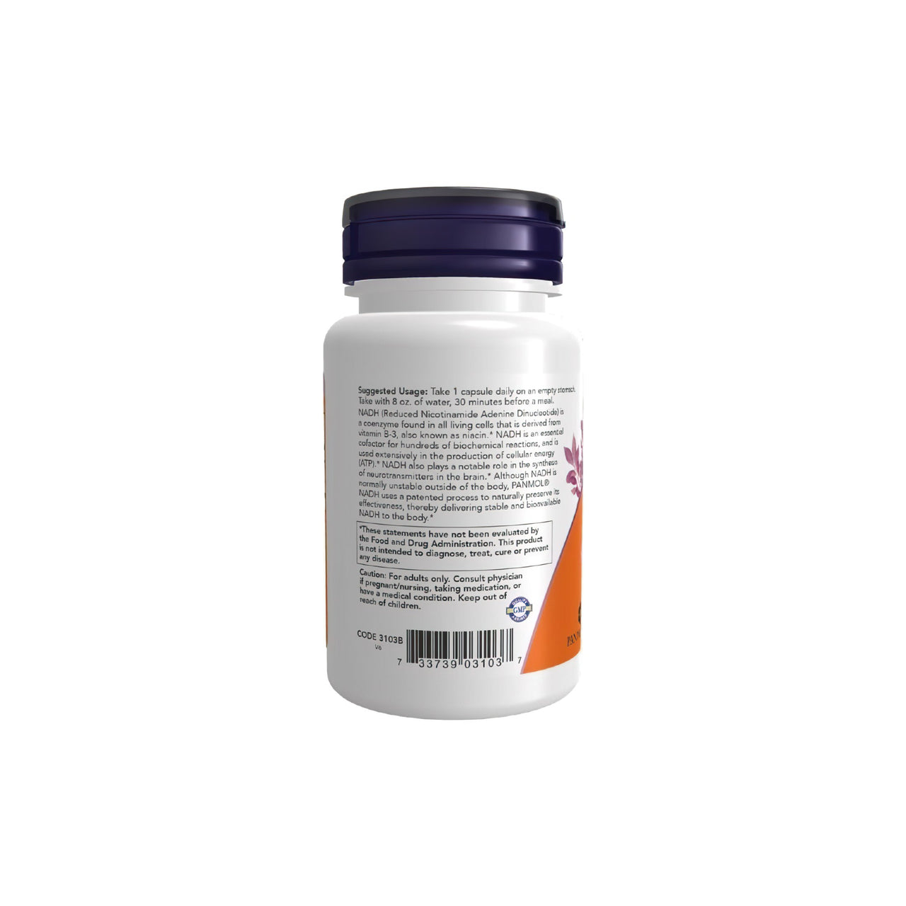Un flacone di Now Foods NADH 10 mg 60 Capsule Vegetali, noto per i suoi benefici sul sistema immunitario, su uno sfondo bianco.