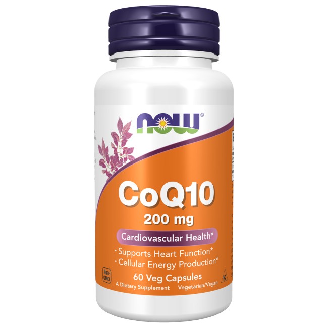 A bottle of Now Foods Coenzyme CoQ10 200 mg supplement, designed to support heart health and cellular energy production. Contains 60 vegetarian capsules with powerful antioxidant properties.