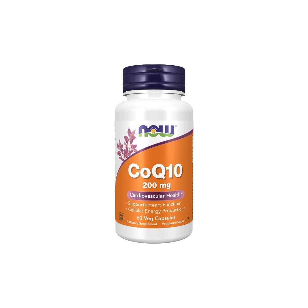 A bottle of Now Foods Coenzyme CoQ10 200 mg supplement with 60 vegetarian capsules, designed for heart health and cardiovascular support, leveraging the antioxidant benefits of Coenzyme Q10.