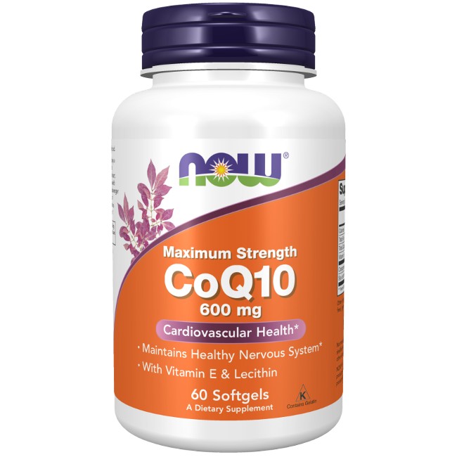 A bottle of Now Foods Coenzyme CoQ10 supplement, offering 600 mg per softgel with added Vitamin E and Lecithin for cardiac health, comes with 60 softgels to provide powerful antioxidant support.