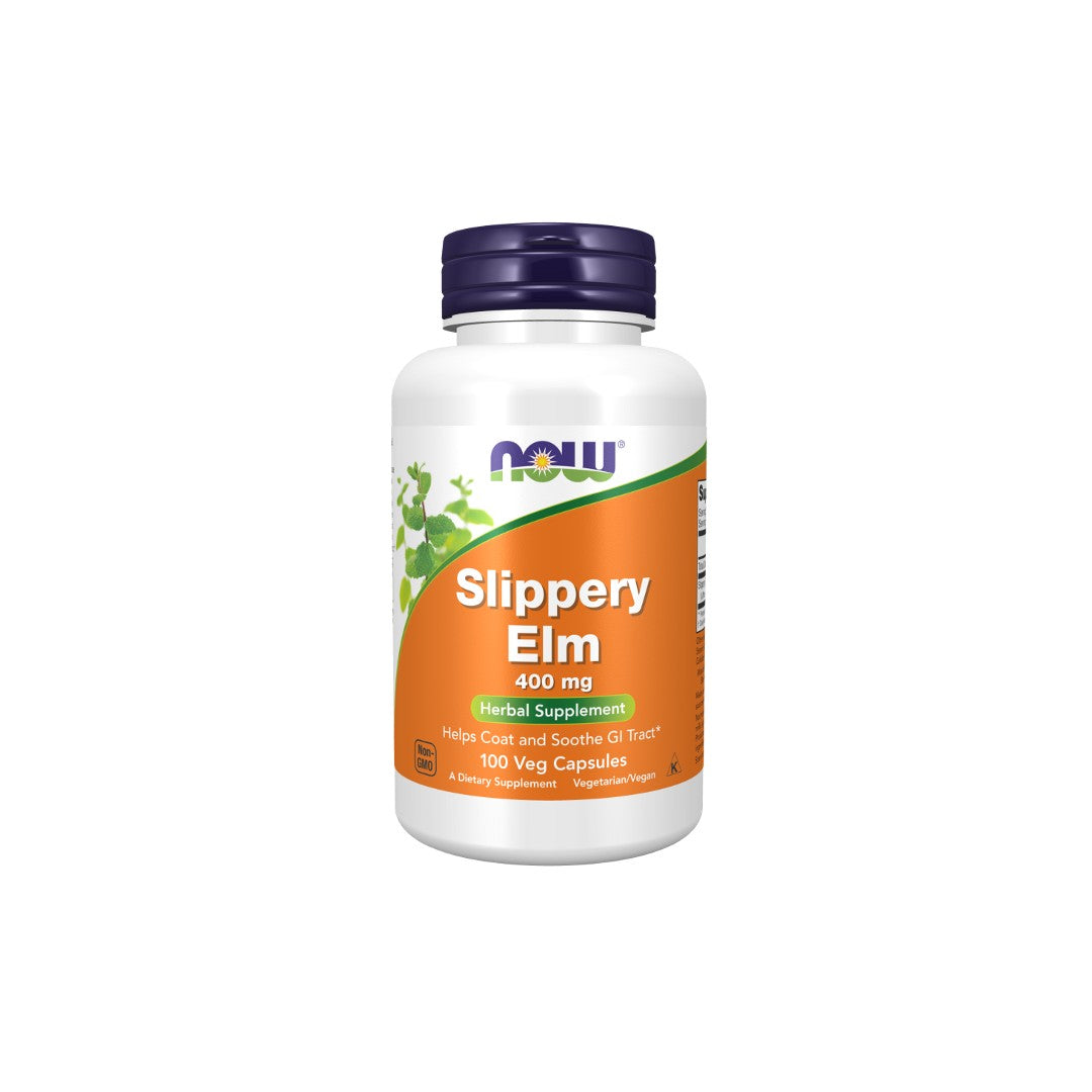 A bottle of Now Foods Slippery Elm 400 mg herbal supplements, labeled as helping coat and soothe the gastrointestinal tract, with 100 veg capsules.
