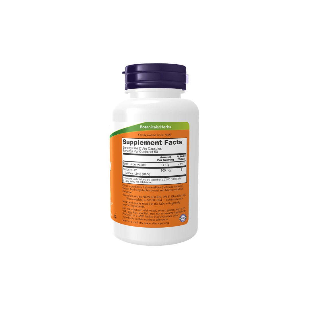 A white bottle of Now Foods Slippery Elm 400 mg 100 Veg Capsules with an orange and green label displaying nutritional information for gastrointestinal health.