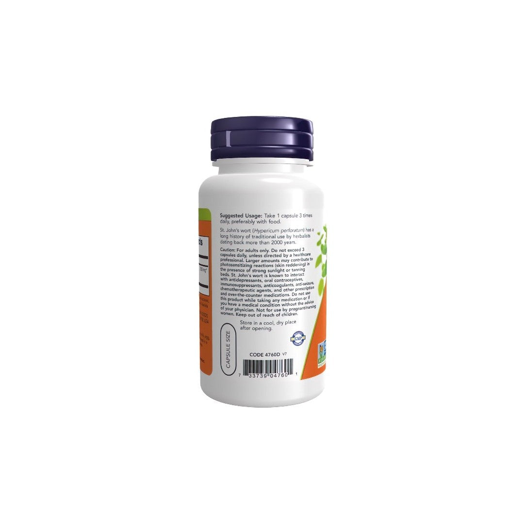 A Now Foods dietary supplement bottle containing St. John's Wort 300 mg 250 Veg Capsules, displaying product information and usage instructions for depression relief.