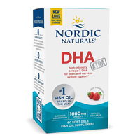 Thumbnail for A box of Nordic Naturals DHA Xtra 1660 mg Omega-3's, containing 60 strawberry-flavored soft gels, highlights its high-intensity omega-3 fatty acids for enhanced brain and nervous system support.