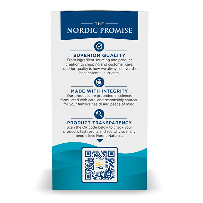 The packaging of DHA Xtra 1660 mg Omega-3's 60 Soft Gels Strawberry Taste, bearing "The Nordic Promise" label, highlights the exceptional quality of Nordic Naturals and underscores their commitment to integrity and transparency. It features Omega-3 fatty acids and includes a QR code at the bottom for additional information.