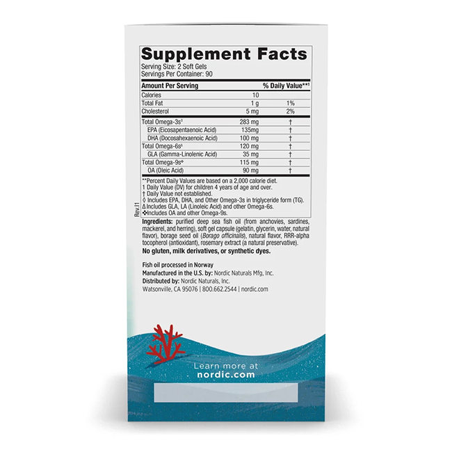 The back of the Complete Omega Junior 283 mg 90 Soft Gels bottle from Nordic Naturals showcases nutritional information, an ingredient list abundant in Omega-3 fatty acids to promote brain health, and the company's contact details.