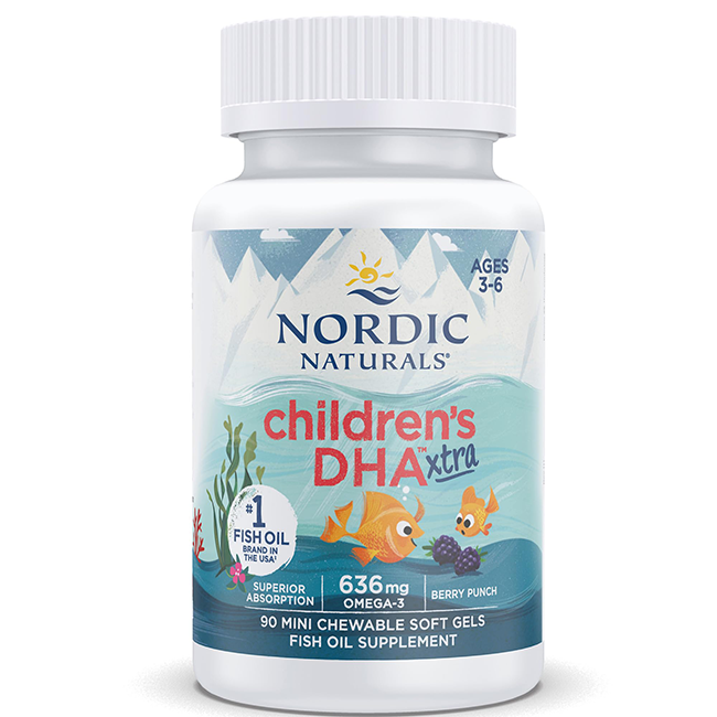 A bottle of Nordic Naturals Childrens DHA Xtra 636 mg, featuring 90 mini chewable soft gels packed with omega-3 fatty acids in a delightful berry punch flavor for ages 3-6, is adorned with charming fish illustrations on the label.