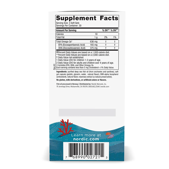 The back of the Nordic Naturals Childrens DHA Xtra 636 mg box showcases supplement facts, an array of ingredients that are high in omega-3 fatty acids, and includes a barcode at the bottom.