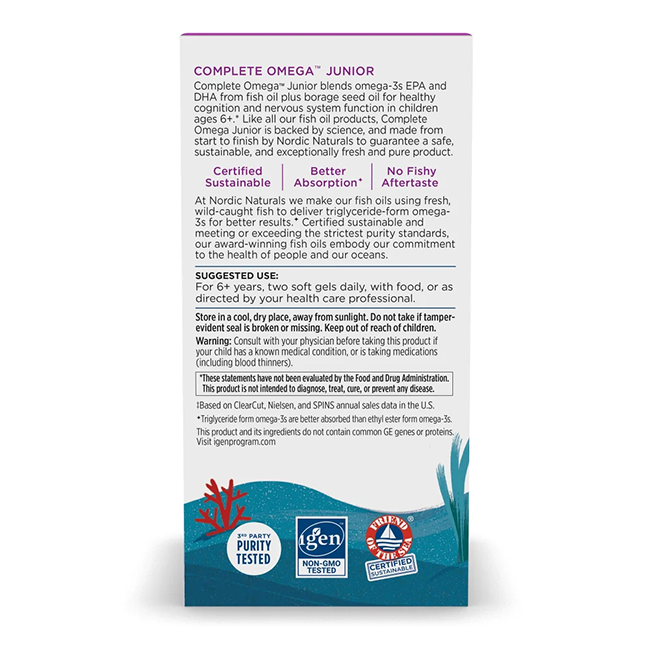 The packaging of Nordic Naturals' "Complete Omega Junior 283 mg 180 Soft Gels" dietary supplement features detailed product information, certification logos, and directions for use. High in EPA and DHA Omega-3 fatty acids, this supplement promotes healthy development and overall well-being in children.