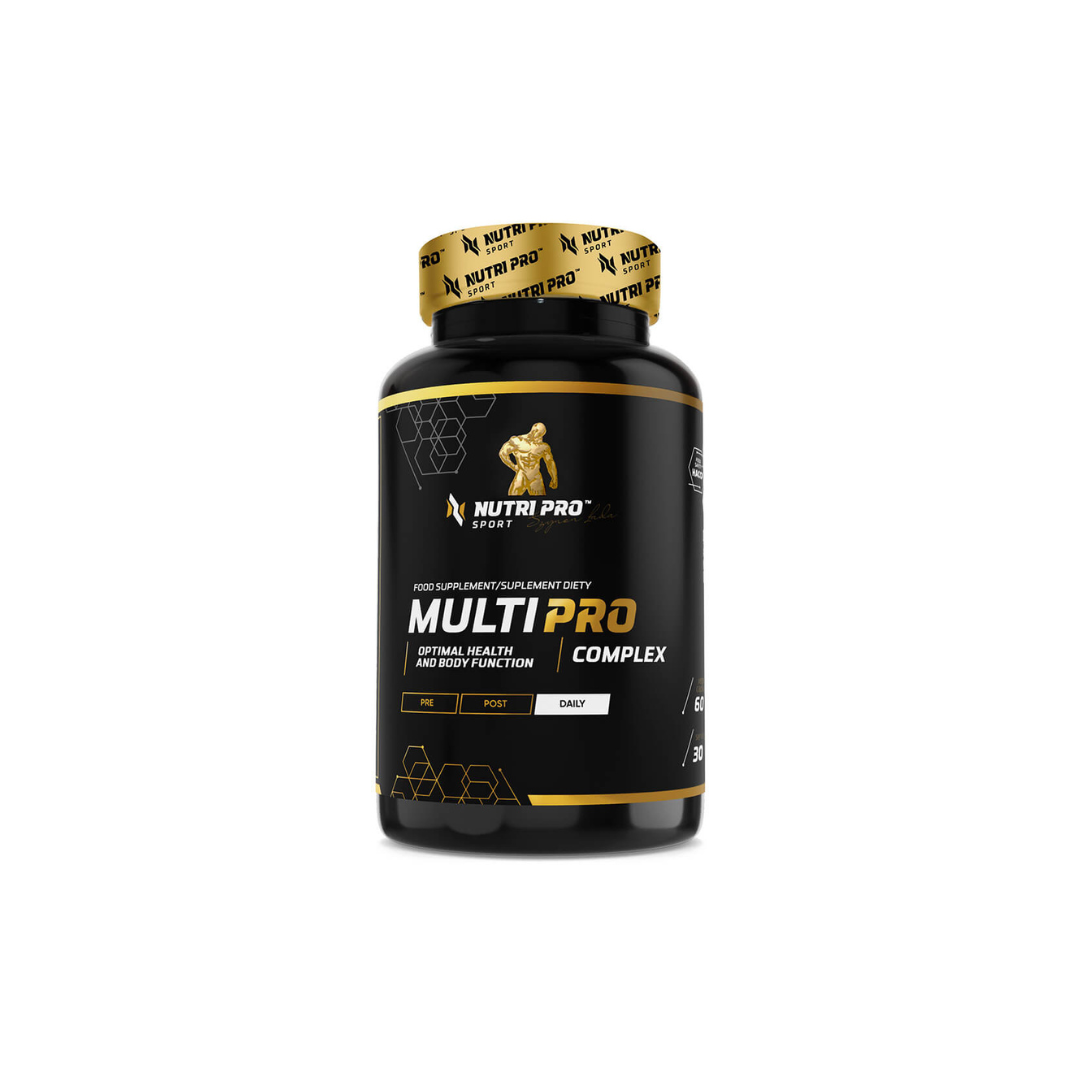 The black and yellow Nutri Pro Sport Multi PRO 60 Capsules bottle highlights essential vitamins vital for sustaining an active lifestyle and promoting overall health and bodily function.