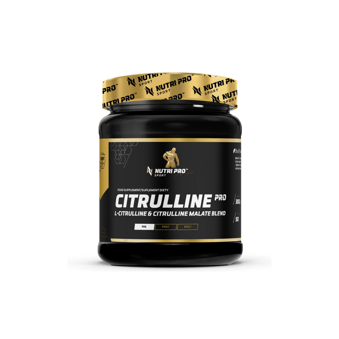 Encased in a stylish black and gold container, the Citrulline PRO 300g - Tropical Flavour by Nutri Pro Sport is boldly labeled as an effective combination of L-Citrulline and Citrulline Malate aimed at enhancing muscle regeneration.