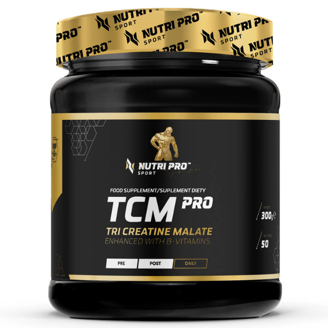 A container of TCM PRO 300 g Exotic Fruits Flavour from Nutri Pro Sport, designed with a chic black and gold aesthetic, is enriched with B-vitamins for muscle regeneration. It offers approximately 50 servings.