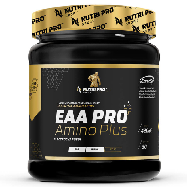 Nutri Pro Sport's EAA PRO Amino Plus, weighing 420g, comes in a sleek black container with gold accents and is designed to support muscle regeneration through its potent blend of essential amino acids. Ideal for pre, intra, and post-workout use, it offers a delightful orange flavor.