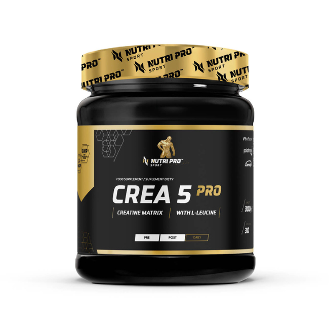 A black container of Nutri Pro Sport's Crea 5 Pro Creatine Matrix sports supplement, featuring gold and white labels and a pomegranate flavor, is designed for muscle regeneration through its advanced creatine complex formula.