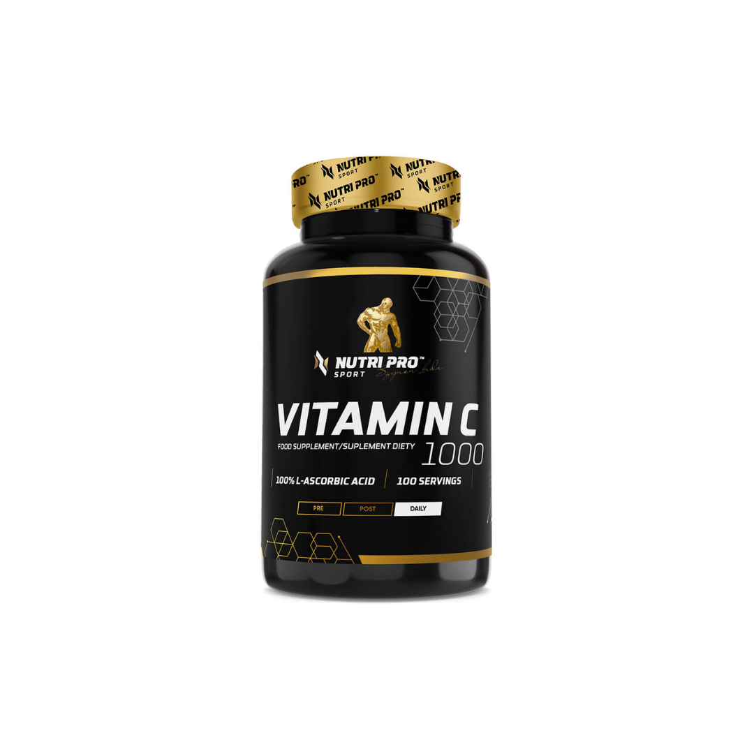 Nutri Pro Sport's Vitamin C 1000 mg 100 Capsules come in a black and gold bottle, offering 1000 mg of L-ascorbic acid per serving across 100 servings. This powerful antioxidant supports your immune system effectively.