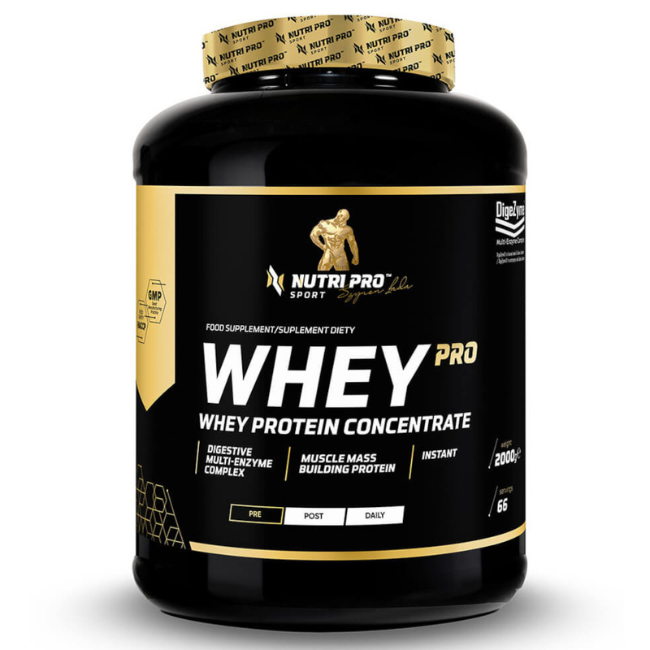 Nutri Pro Sport's Whey PRO in Salted Caramel Flavor is a 2000g container of whey protein concentrate that includes added digestive enzymes to enhance absorption and support muscle mass building. The label emphasizes the weight, serving size, and an extensive amino acid profile for comprehensive nutritional support.