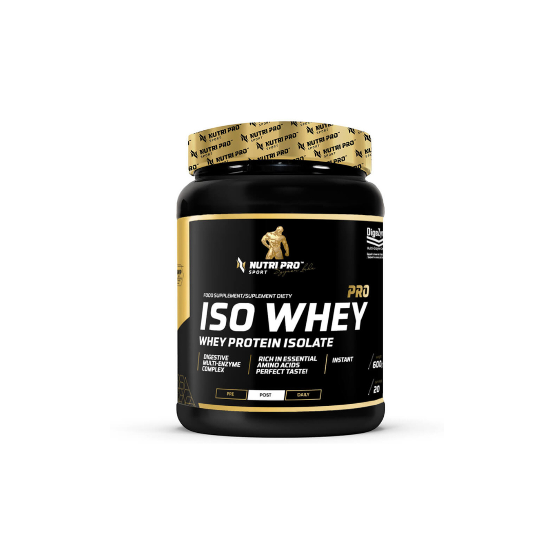 A sophisticated jar of Iso Whey PRO, a 600g Vanilla Flavour whey protein isolate by Nutri Pro Sport, showcases elegant gold and white labeling. It emphasizes a specialized digestive complex and is rich in amino acids to support your fitness journey.