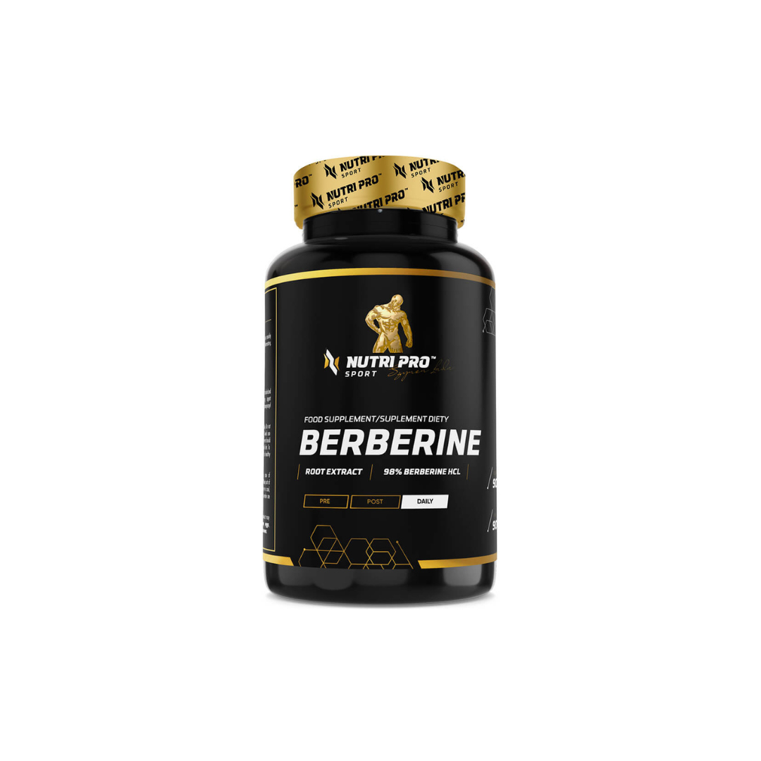 A black bottle of Berberine HCl 90 Capsules by Nutri Pro Sport features a gold logo and white text on its label. It supports cardiovascular health and boosts the immune system, making it an excellent choice for overall well-being.