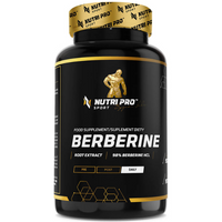 Thumbnail for A sleek black and gold bottle of Nutri Pro Sport's Berberine HCl 90 Capsules, containing 98% Berberine Root Extract, supports cardiovascular health and is designed for daily use.