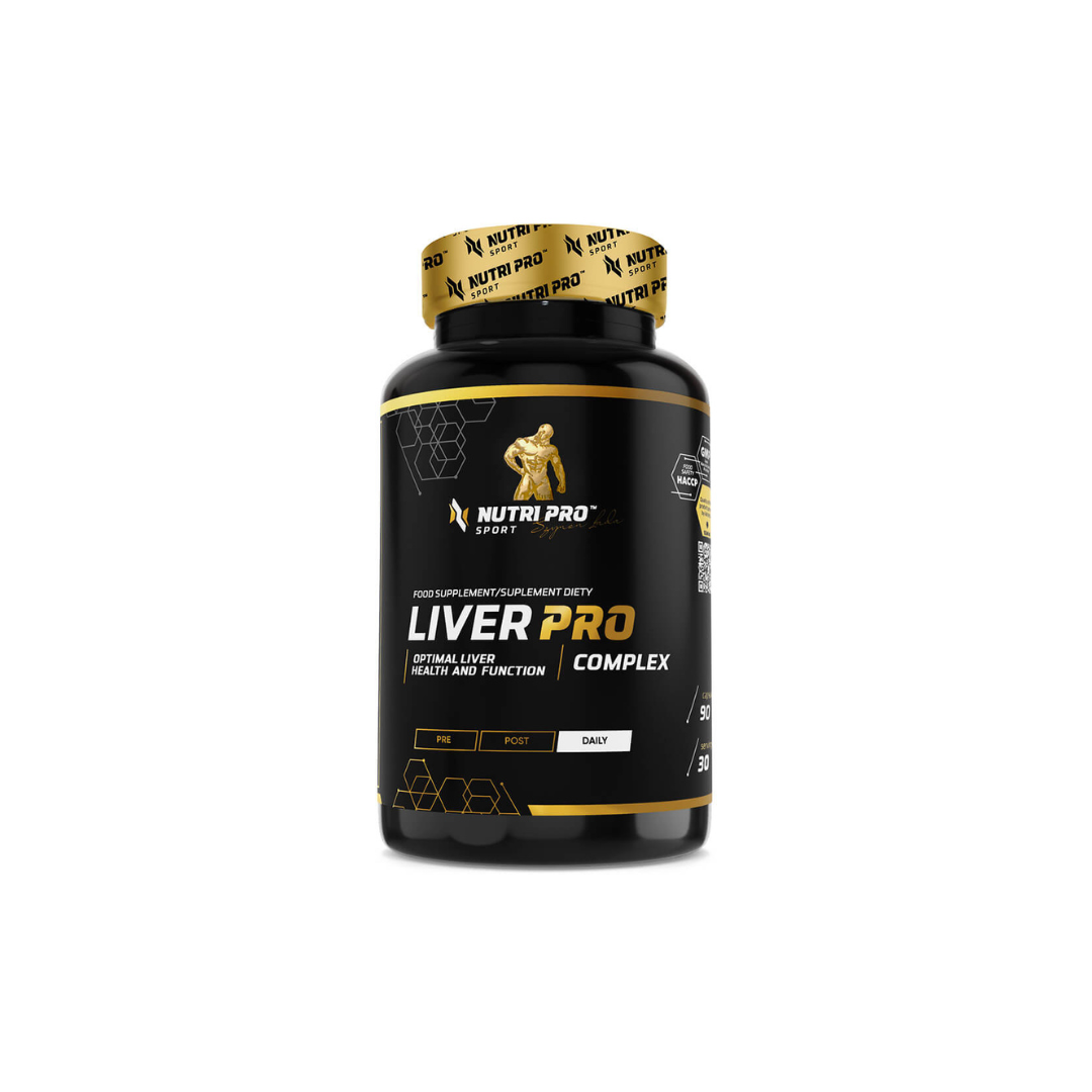 The black and yellow bottle of Nutri Pro Sport's Liver PRO 90 Capsules dietary supplement features detailed labeling, highlighting its antioxidant effects to support liver function.