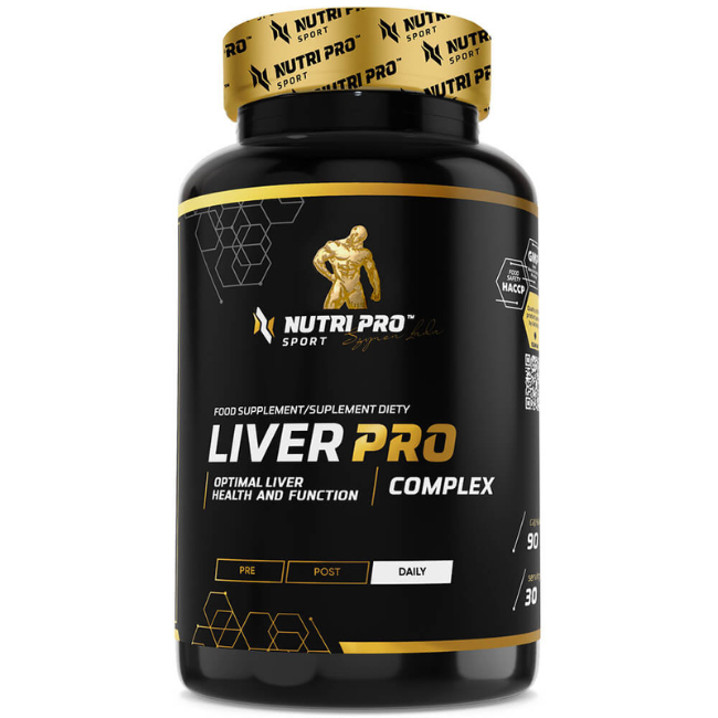 Nutri Pro Sport's Liver PRO 90 Capsules dietary supplement features a sleek black and gold design, promoting optimal liver health and antioxidant benefits with its daily support formula.