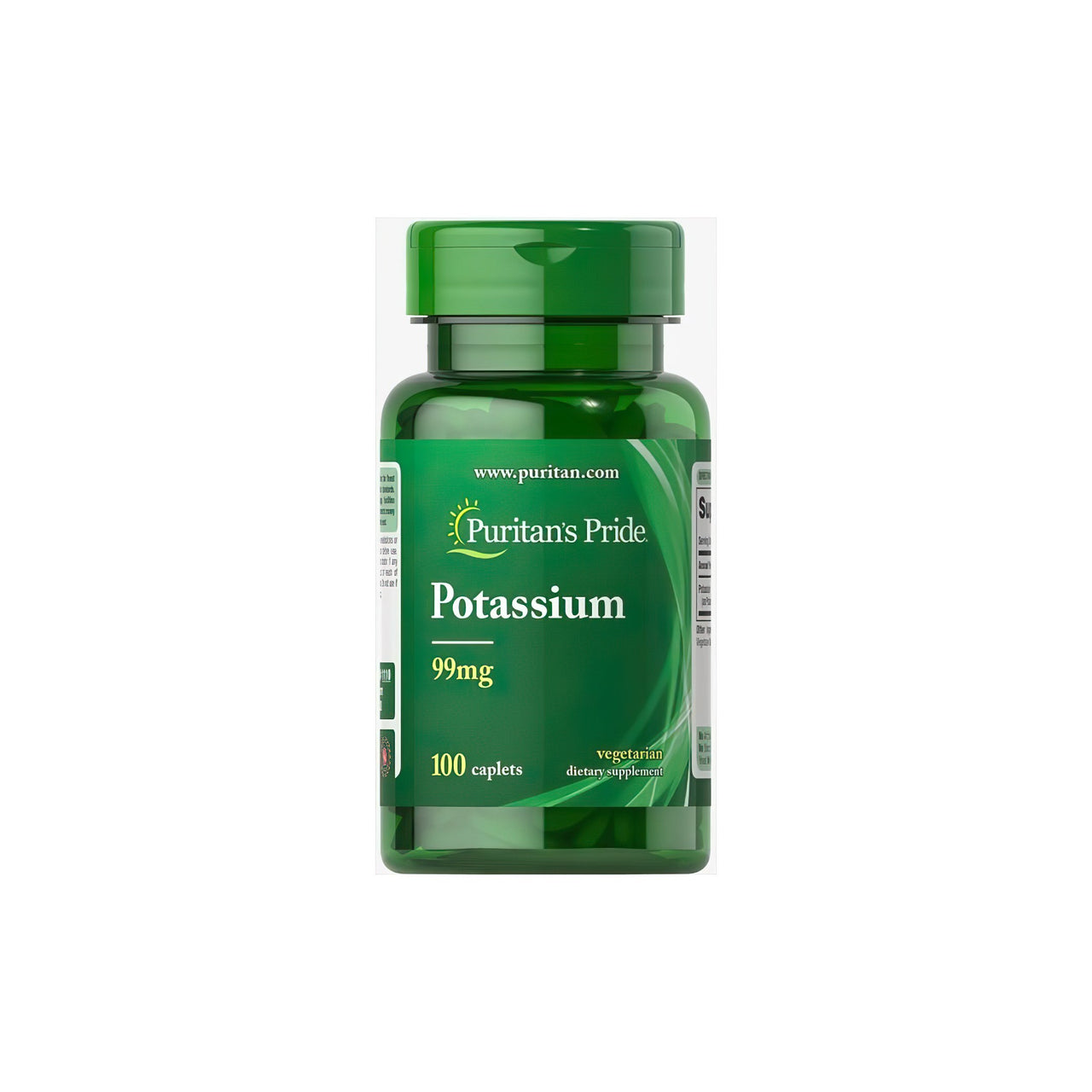 Un flacone di Puritan's Pride Potassio 99 mg 100 capsule rivestite, essenziale per l'equilibrio elettrolitico e la regolazione della pressione sanguigna, su uno sfondo bianco.