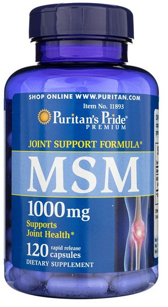 Un flacone di Puritan's Pride MSM 1000 mg 120 Capsule a Rilascio Rapido, che promuove il tessuto connettivo e la salute delle articolazioni.