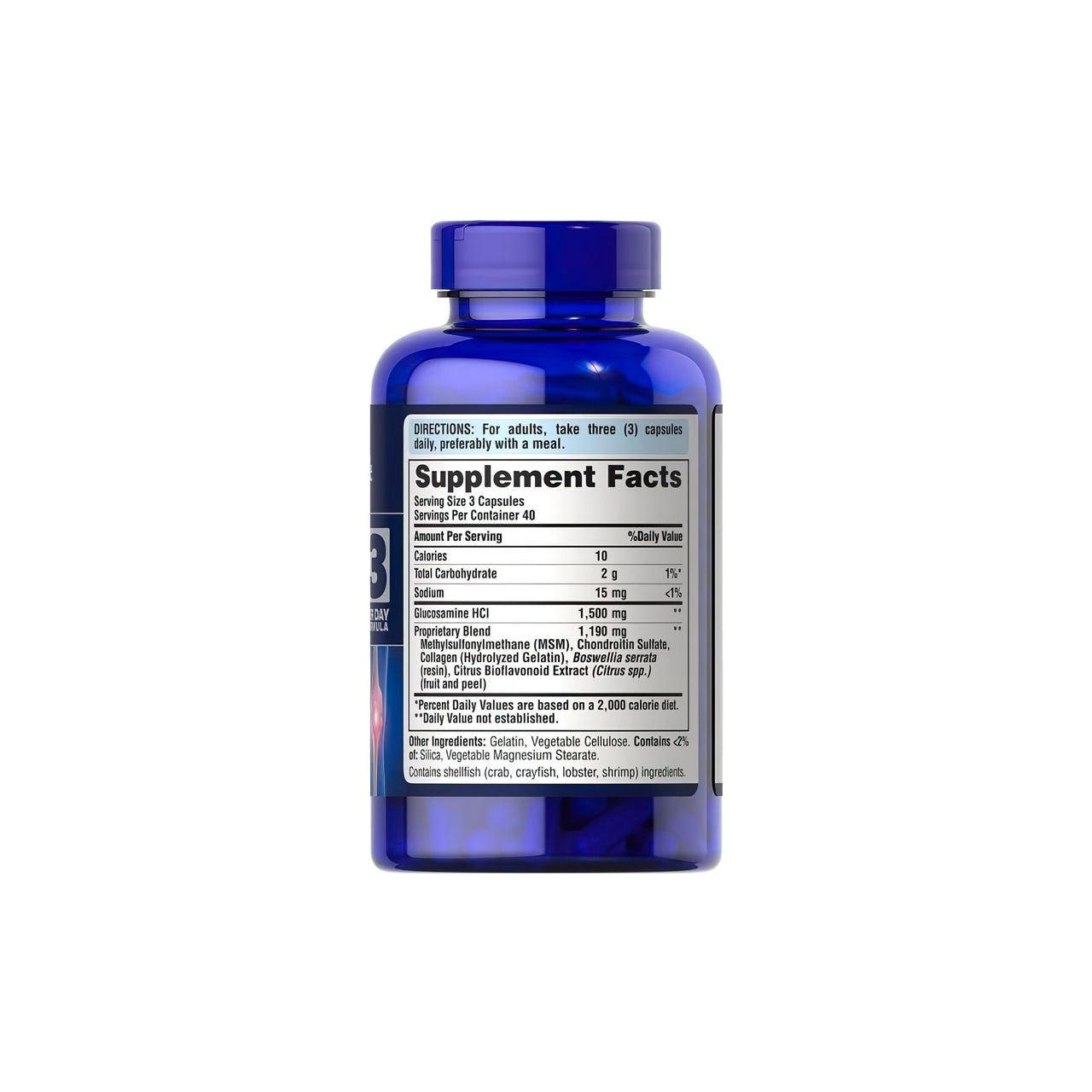 Un flacone di Puritan's Pride Glucosamina Condroitina MSM 120 capsule con un'etichetta.