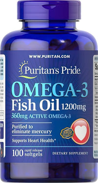 Miniature per Puritan's Pride Omega-3 Fish Oil 1200 mg (360 mg Active Omega-3) 100 softgel è un integratore di alta qualità che supporta la salute cardiovascolare e la funzione cognitiva.