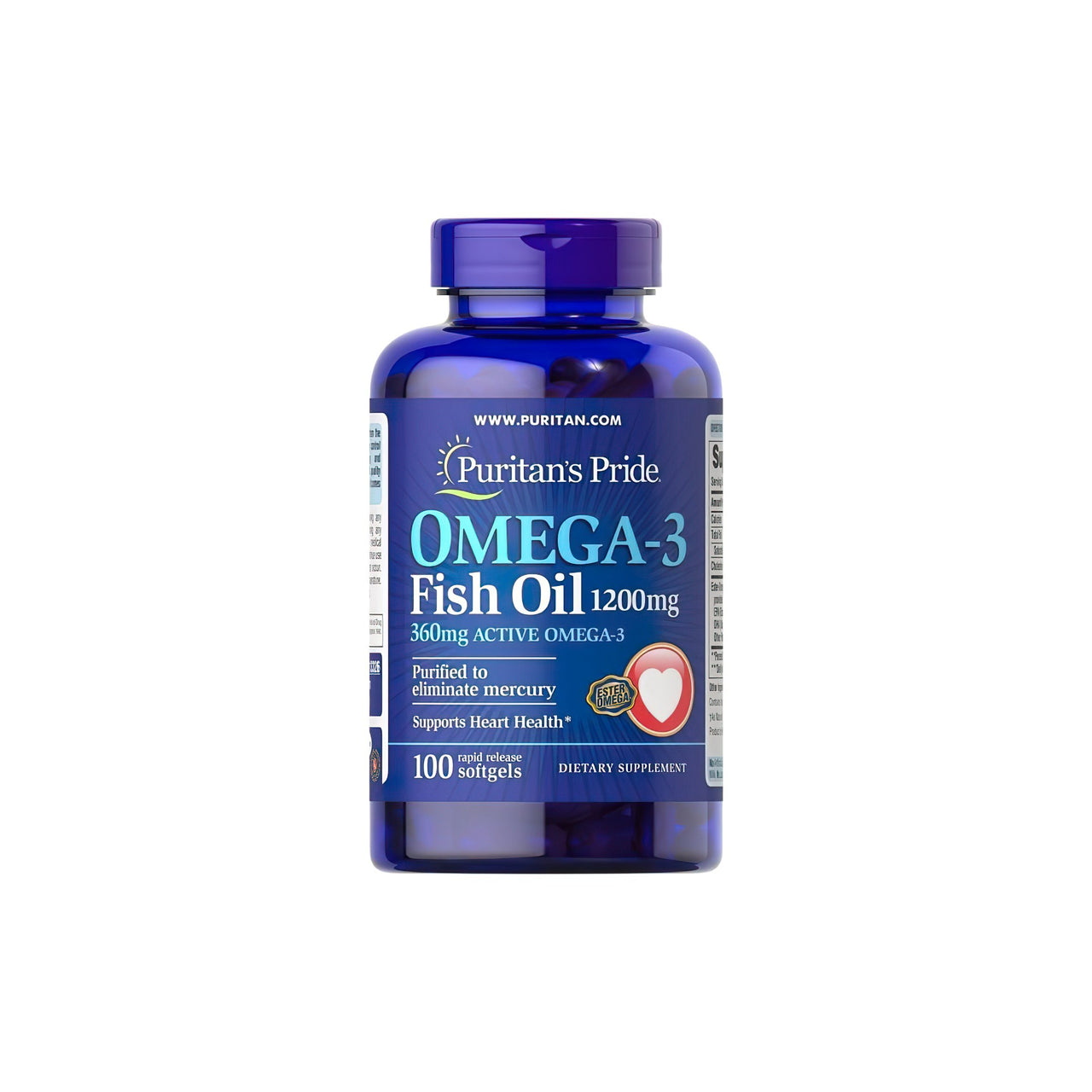 Un integratore di olio di pesce Omega-3 da 1200 mg (360 mg di Omega-3 attivo) in 100 softgel di Puritan's Pride per la salute cardiovascolare e la funzione cognitiva.