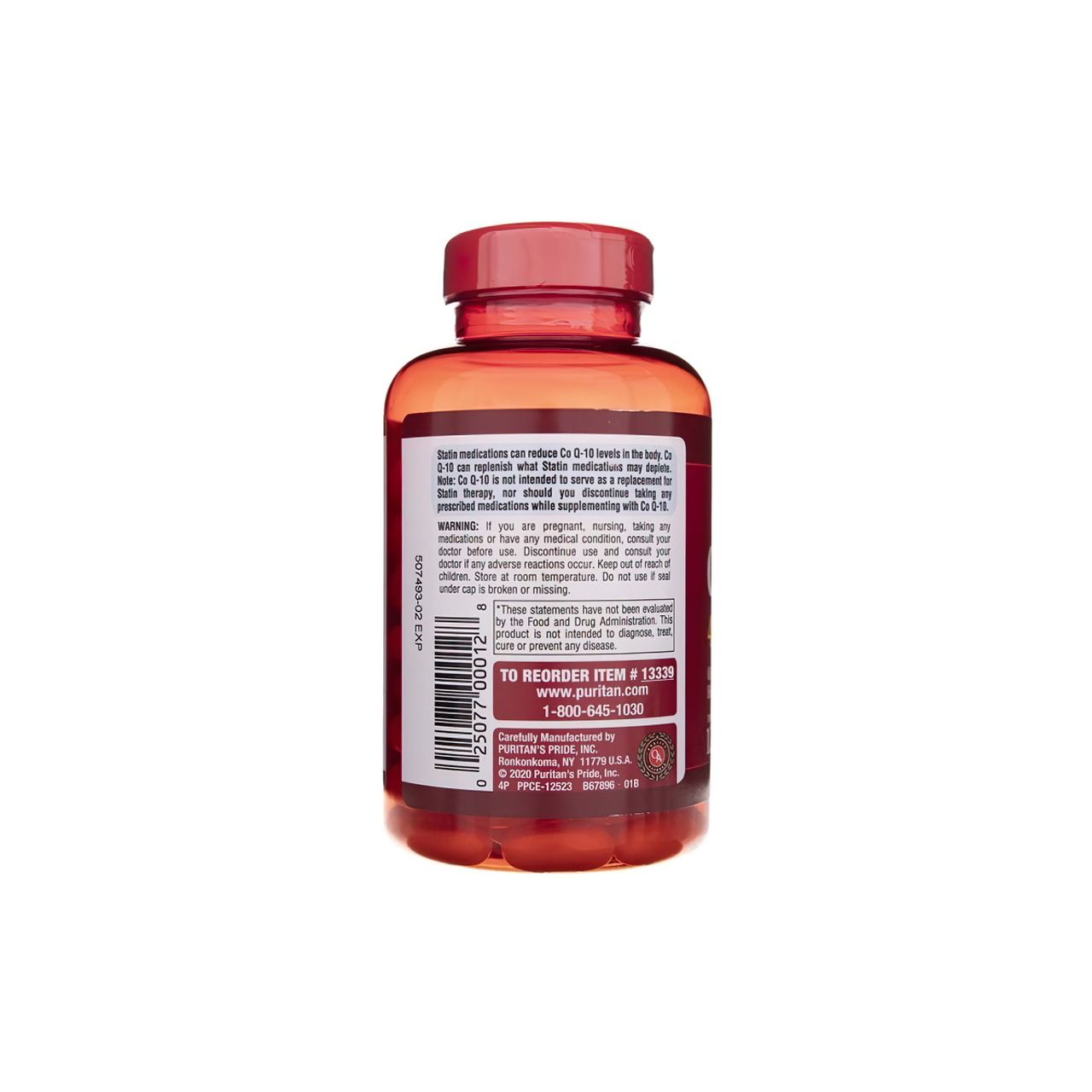 Un flacone di Puritan's Pride Coenzima Q10 a rilascio rapido 400 mg 120 gel su uno sfondo bianco.