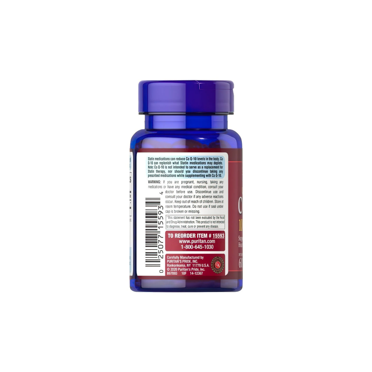 Un flacone di Q-SORB™ Co Q-10 100 mg 60 softgel a rilascio rapido di Puritan's Pride con potenti antiossidanti su sfondo bianco.
