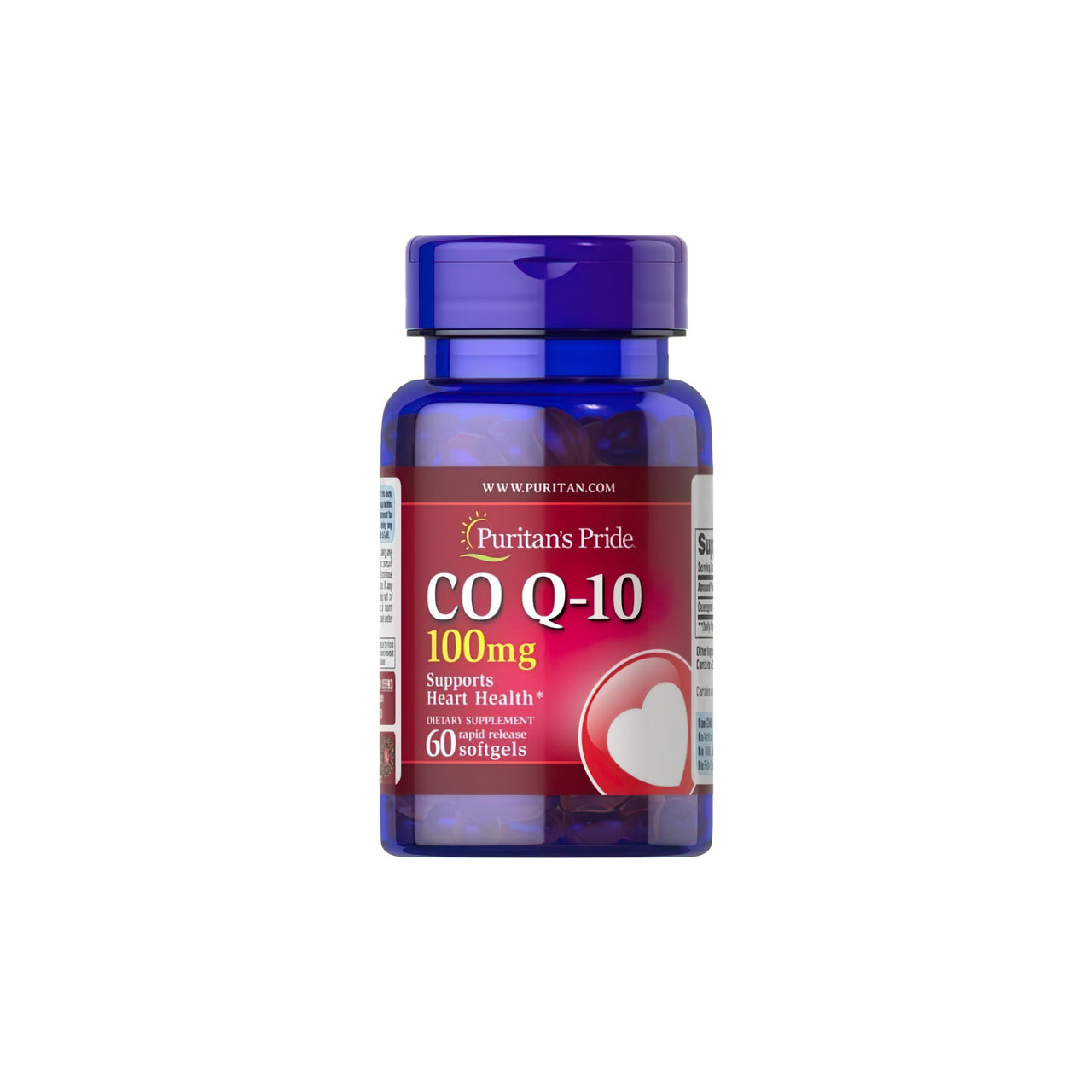 Un flacone di Q-SORB™ Co Q-10 100 mg 60 softgel a rilascio rapido di Puritan's Pride, un antiossidante, su uno sfondo bianco.