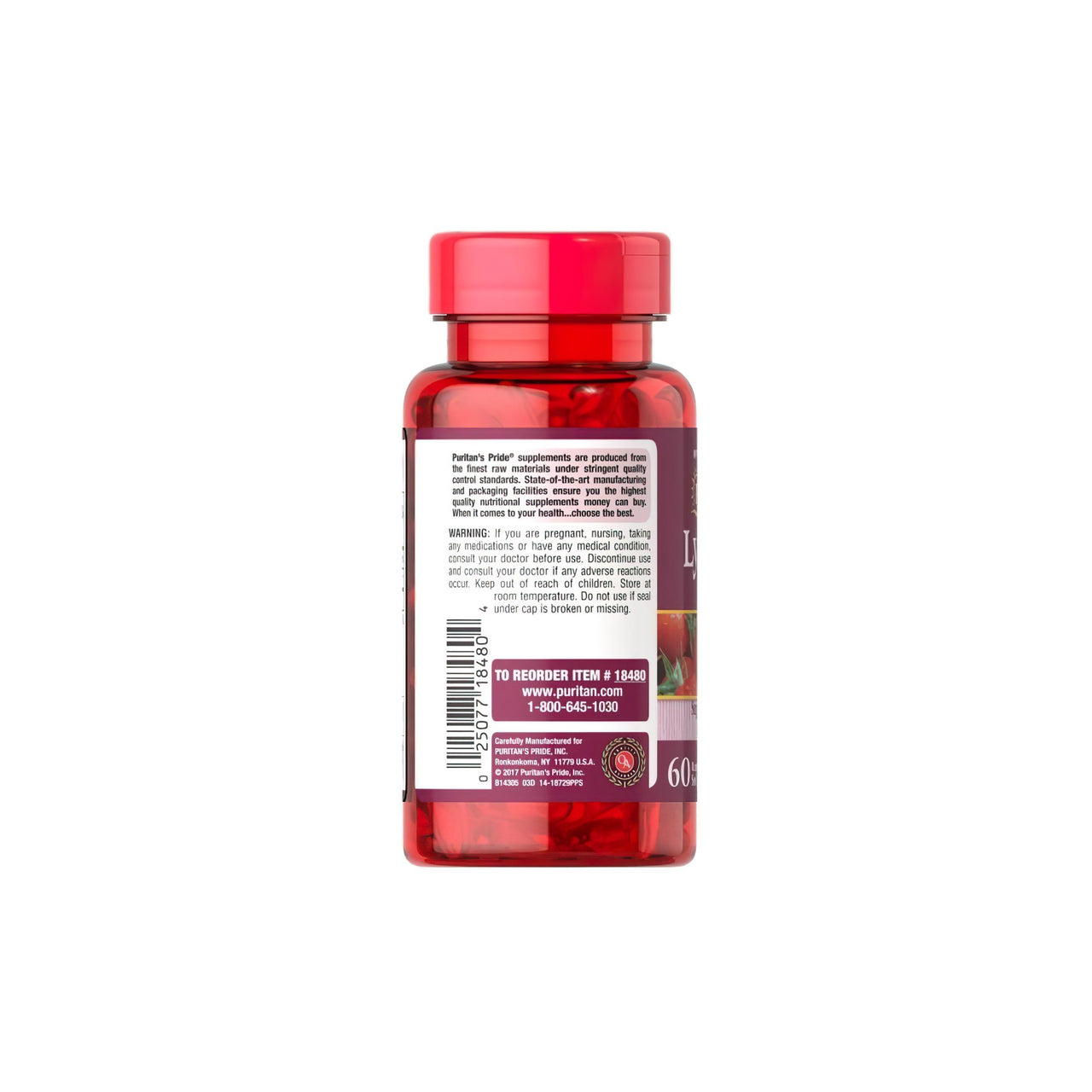 Un flacone di Licopene 40 mg 60 Rapid Release Softgels di Puritan's Pride su uno sfondo bianco.