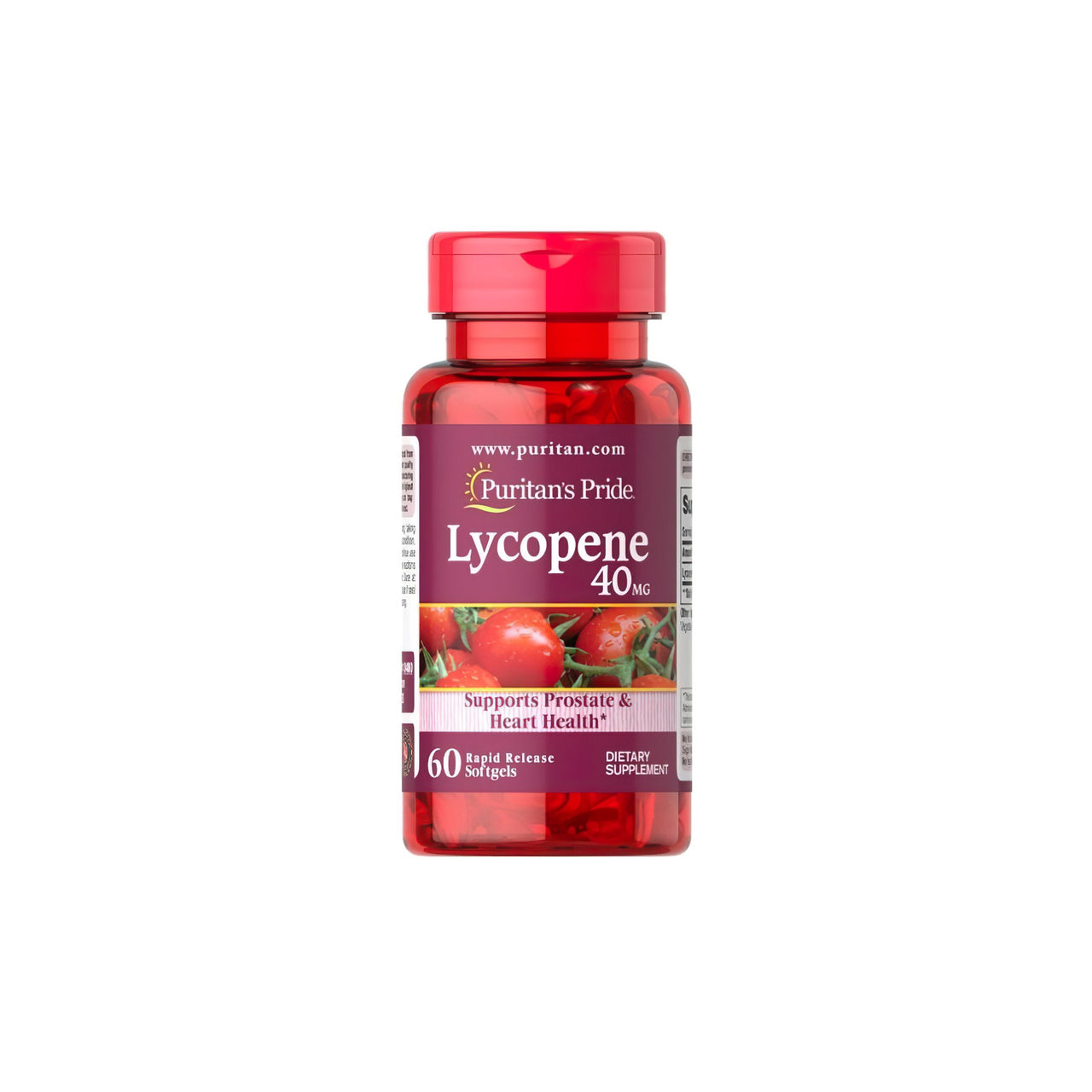 Un flacone di Puritan's Pride Lycopene 40 mg 60 Rapid Release Softgels con pomodori.