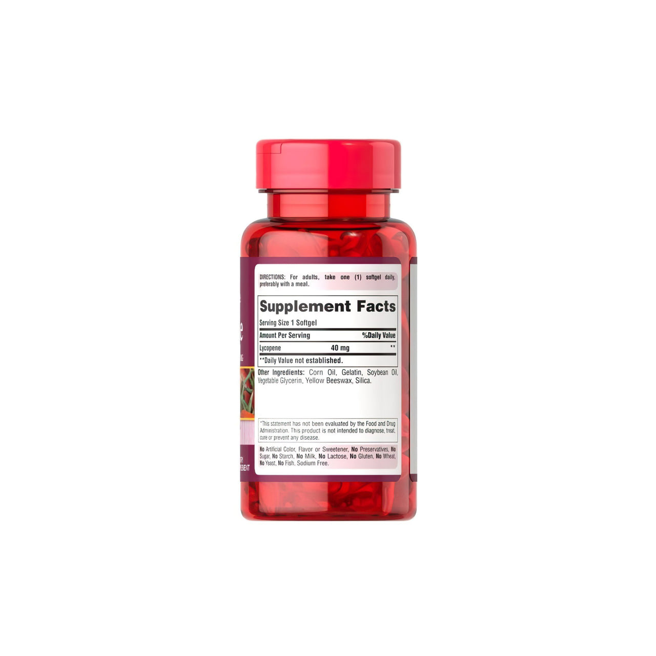 Un flacone di Licopene 40 mg 60 Rapid Release Softgels di Puritan's Pride su uno sfondo bianco.