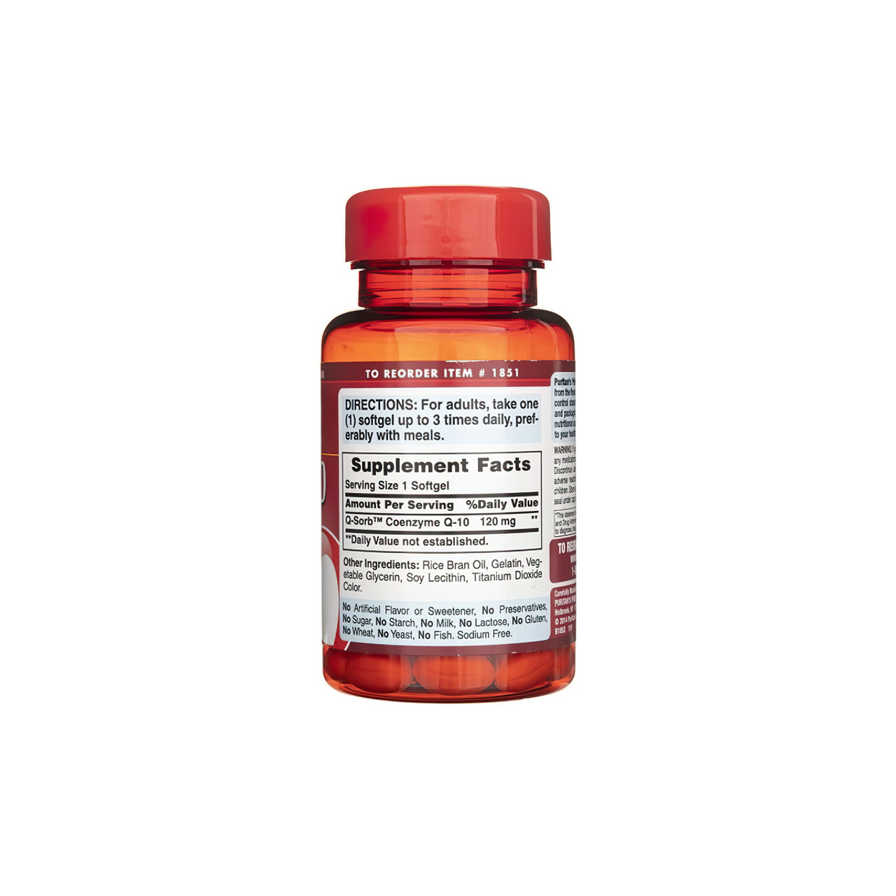 Un flacone di Puritan's Pride Coenzima Q10 - 120 mg 60 softgel a rilascio rapido su sfondo bianco.