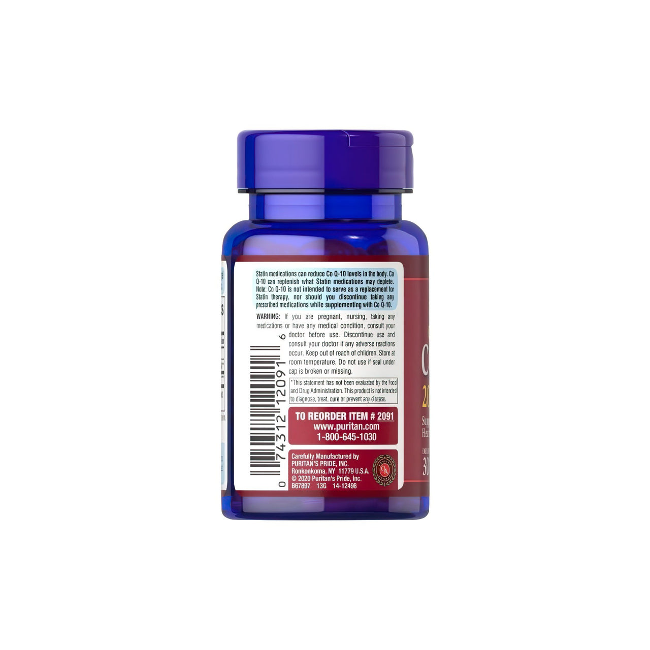 Un flacone di Q-SORB™ Co Q-10 200 mg 30 softgel a rilascio rapido di Puritan's Pride, ricco di antiossidanti per rafforzare il sistema immunitario, posto su uno sfondo bianco pulito.