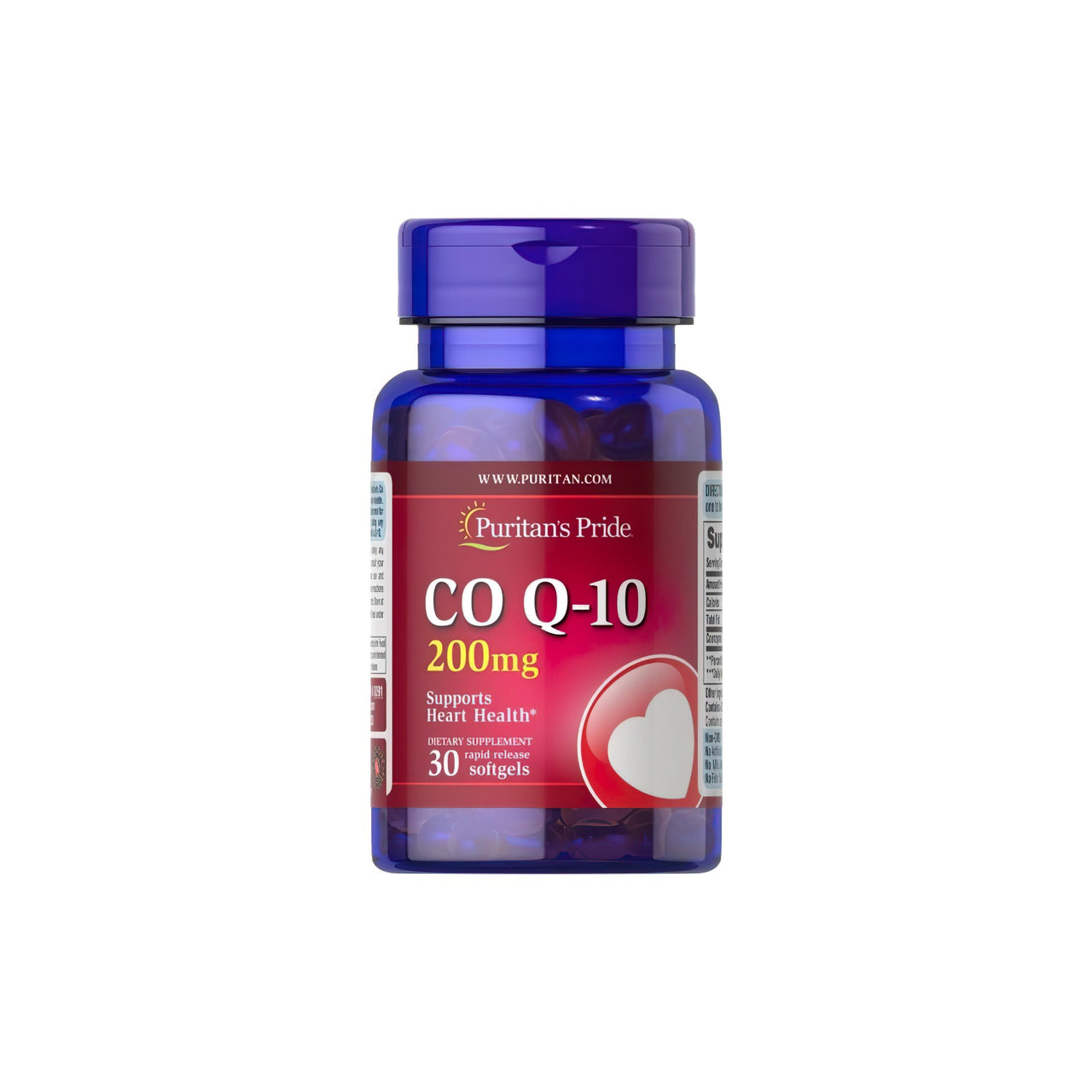 Un flacone di Q-SORB™ Co Q-10 200 mg 30 softgel a rilascio rapido di Puritan's Pride con sfondo bianco ricco di antiossidanti per aumentare i livelli di energia e rafforzare il sistema immunitario.