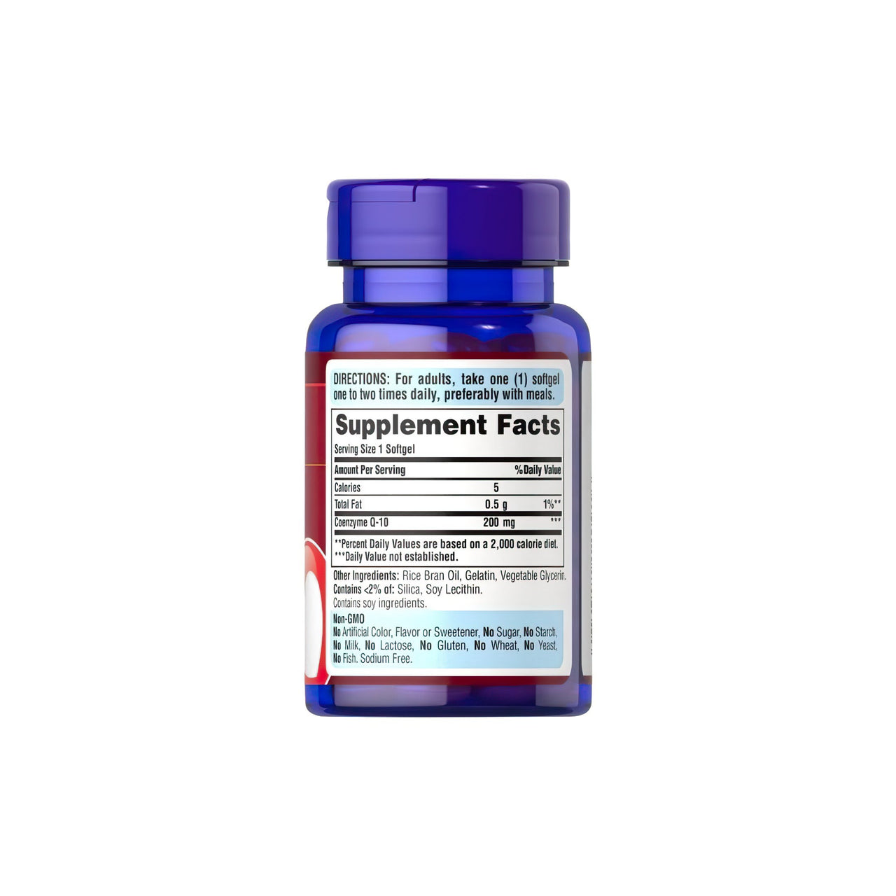 Un flacone di Q-SORB™ Co Q-10 200 mg 30 softgel a rilascio rapido di Puritan's Pride con un'etichetta che evidenzia i benefici degli antiossidanti e del sistema immunitario.
