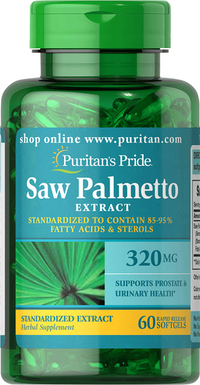 Miniature per Puritan's Pride Saw Palmetto 320 mg 60 Capsule Morbide a Rilascio Rapido promuove la salute della prostata e favorisce il flusso delle vie urinarie.