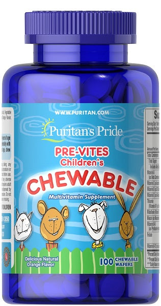 Un flacone di multivitaminico per bambini Pre- Vites 100 cialde masticabili, ricche di vitamine essenziali, Puritan's Pride.